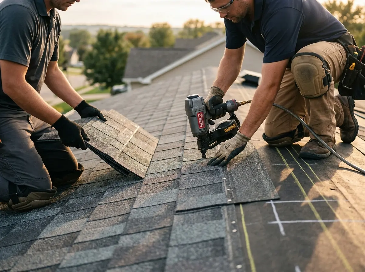 Professional roofer working on a residential roof in East Lampeter